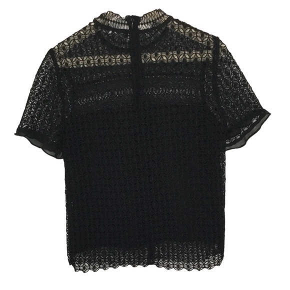Zara women small black top with zip on back, crochet/mesh overlay. Pre owned - Picture 2 of 9